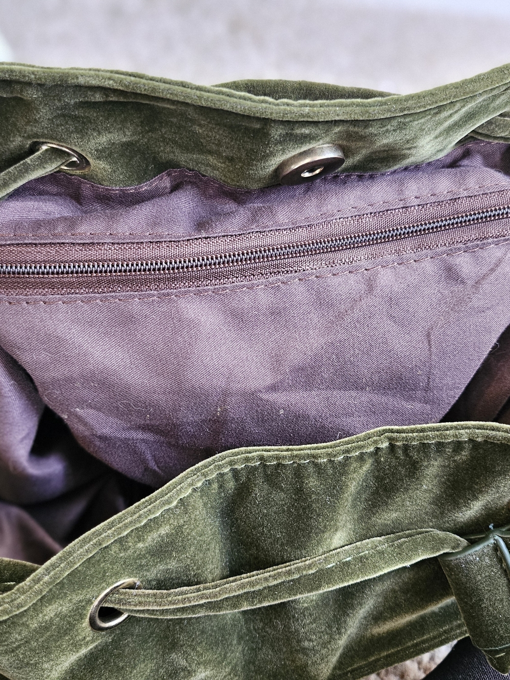Olive Green Velvet Drawstring Shoulder Bag with Gold Hardware - Picture 8 of 9